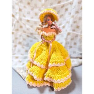 Vintage Barbie Doll Yellow Crochet Tiered Ball Gown Handmade Sun Hat 90s Toy